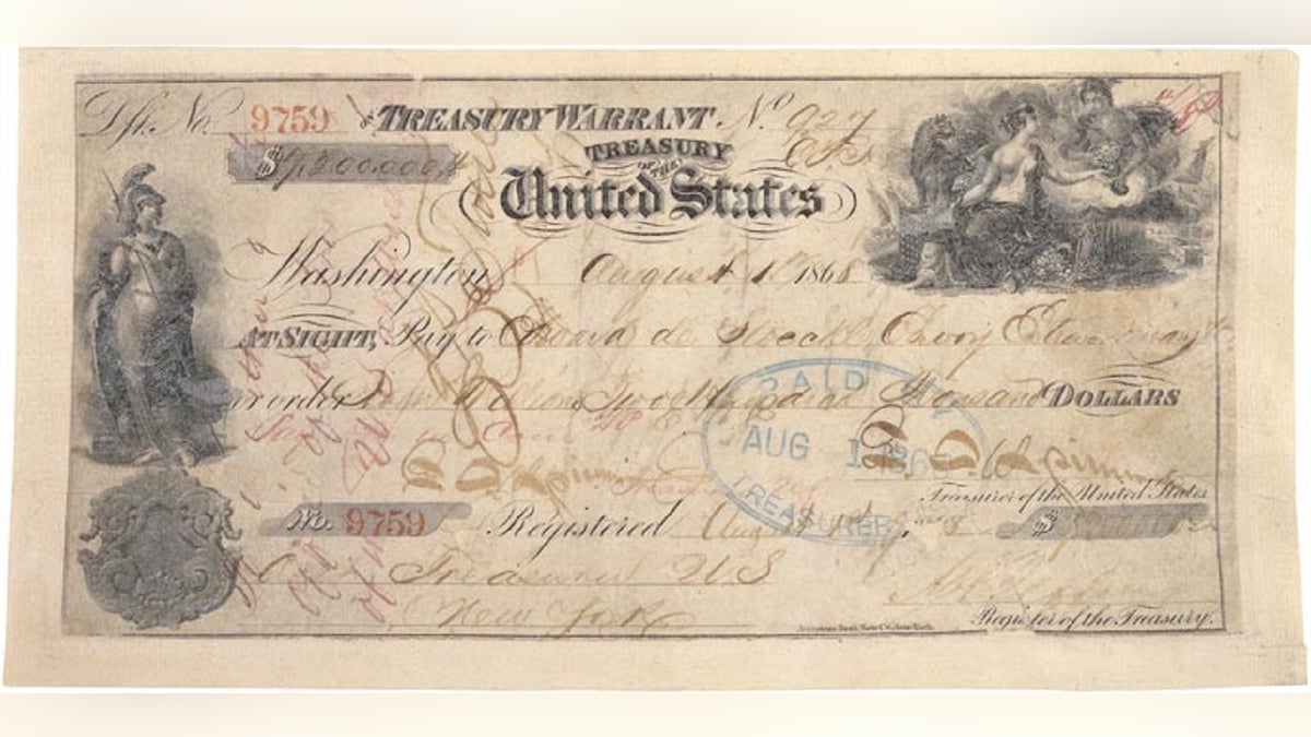 A canceled check in the amount of $7.2 million, for the purchase of Alaska, issued on August 1, 1868.