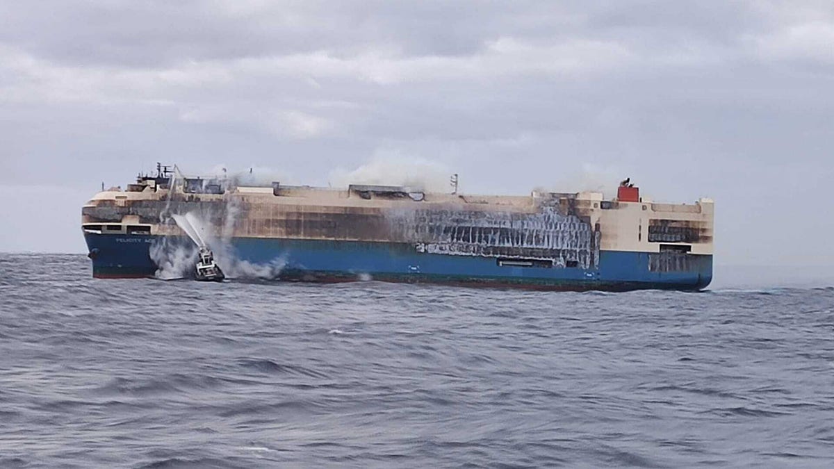 The Portuguese navy rescued all 22 crew members onboard the Felicity Ace after it caught fire on Feb. 16.