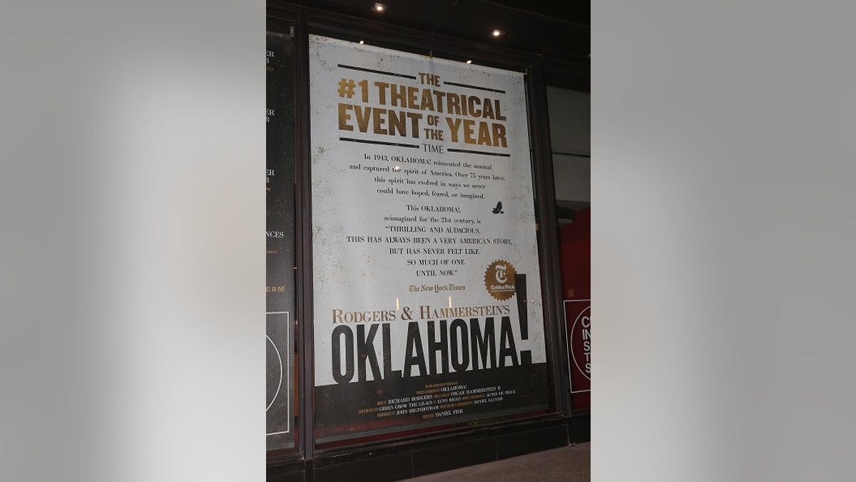 Signage at the new musical revival of "Oklahoma!" on Broadway at The Circle in The Square Theatre on March 29, 2019 in New York City.