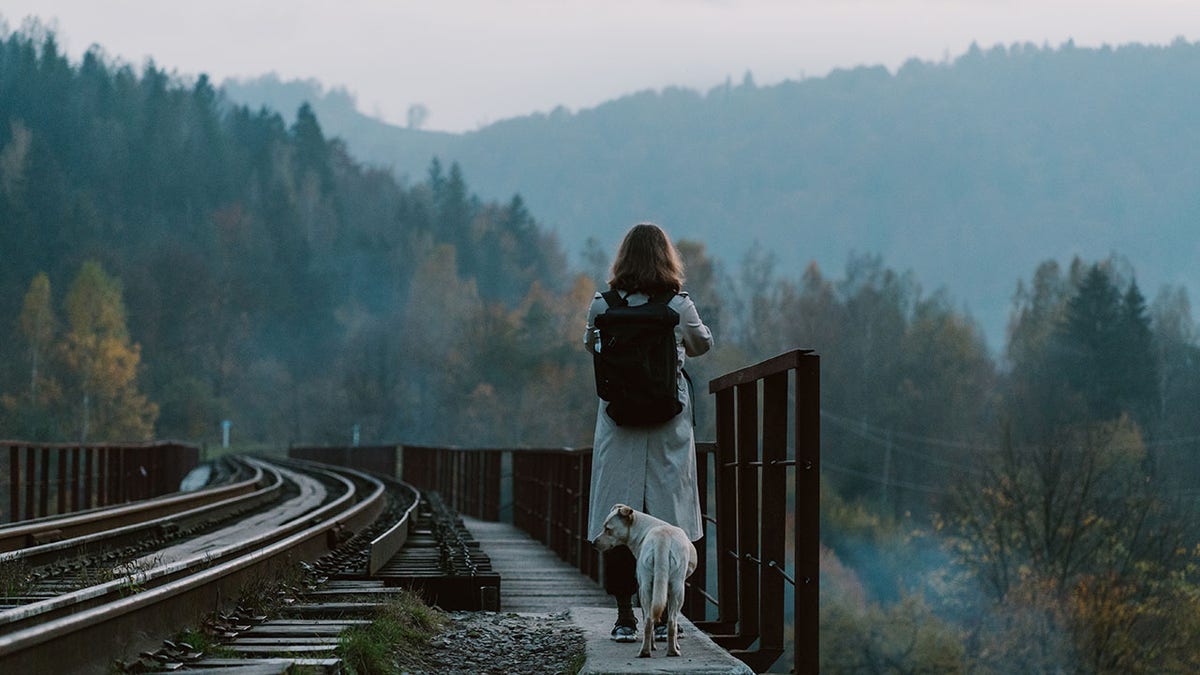 Woman walking dog mountains