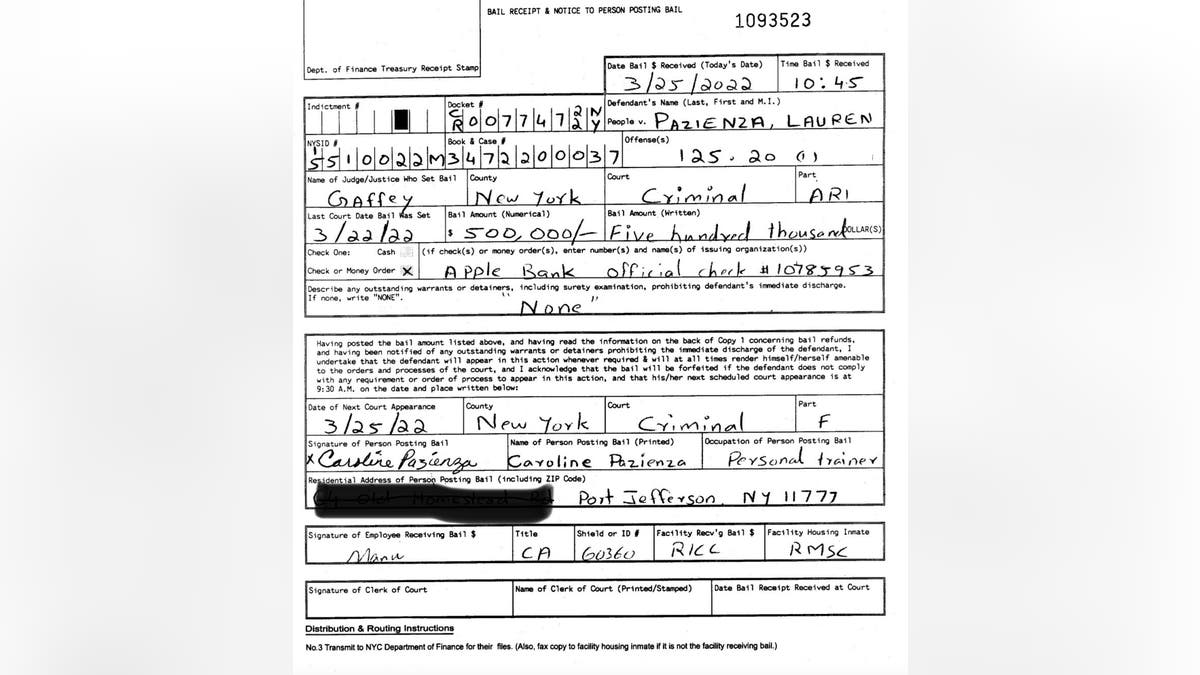 Lauren Pazienza $500,000 bail receipt