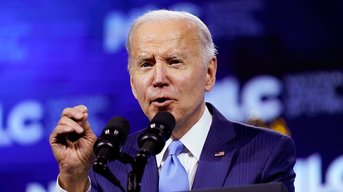 President Joe Biden speaks at the National League of Cities Congressional City Conference, Monday, March 14, 2022, in Washington. (AP Photo/Patrick Semansky)