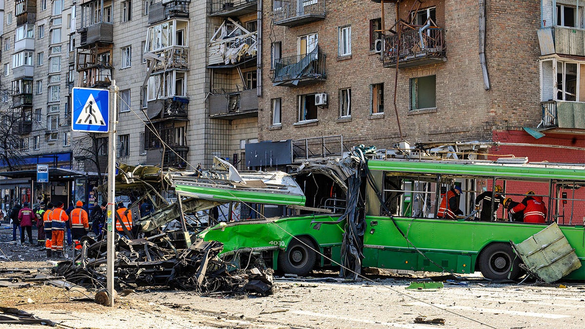 Trolleybus damaged by Russian army rocket fire in Kyiv.