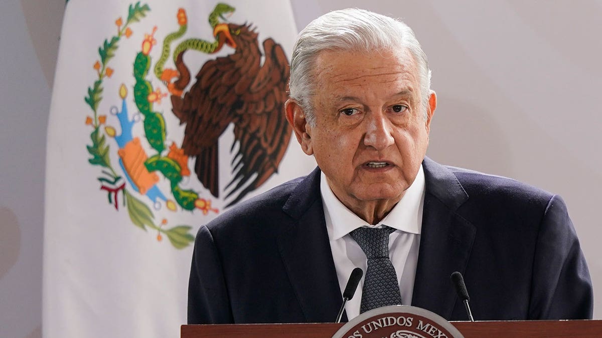 Mexican President Obrador speaks on stage