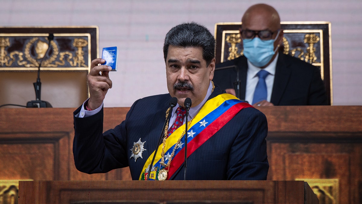 Nicolas Maduro, Venezuela's president, delivers a State of the Union address at the National Assembly in Caracas, Venezuela, on Saturday, Jan. 15, 2022. Photographer: Gaby Oraa/Bloomberg via Getty Images