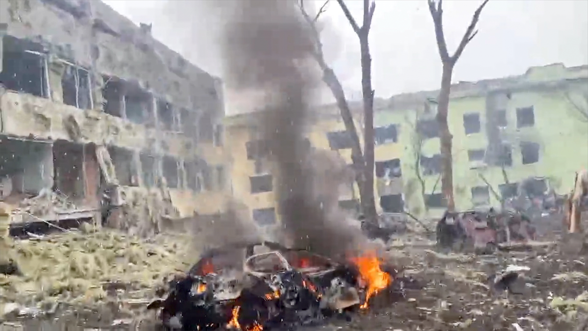 Image grab from footage released by Ukraine Armed Forces on Thursday March 9, 2022 allegedly shows aftermath of Russia army bombardment on a children hospital in Mariupol, southeastern Ukraine, causing enormous destructions. The Ukraine Armed Forces does not indicate casualties of the strikes. Ukraine President Volodymyr Zelensky confirms the strike of the maternity hospital in Mariupol, saying in his online post