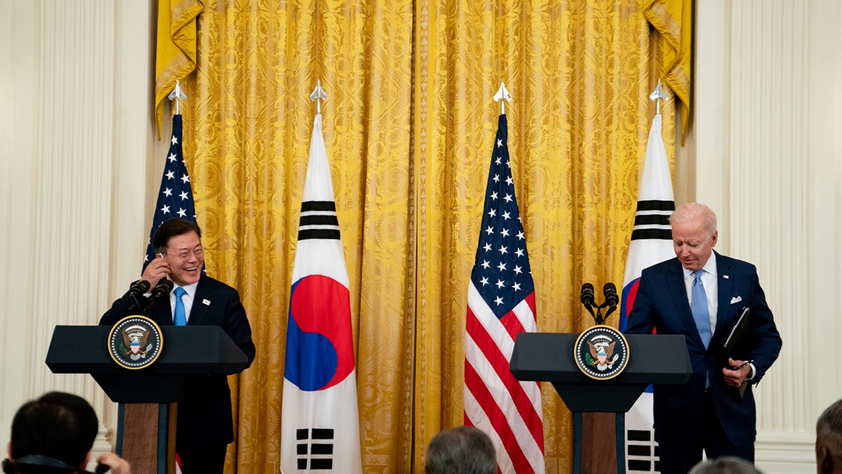 President Biden and South Korean President Moon Jae-in end a news conference in the East Room of the White House in Washington, D.C., May 21, 2021. (Getty Images)