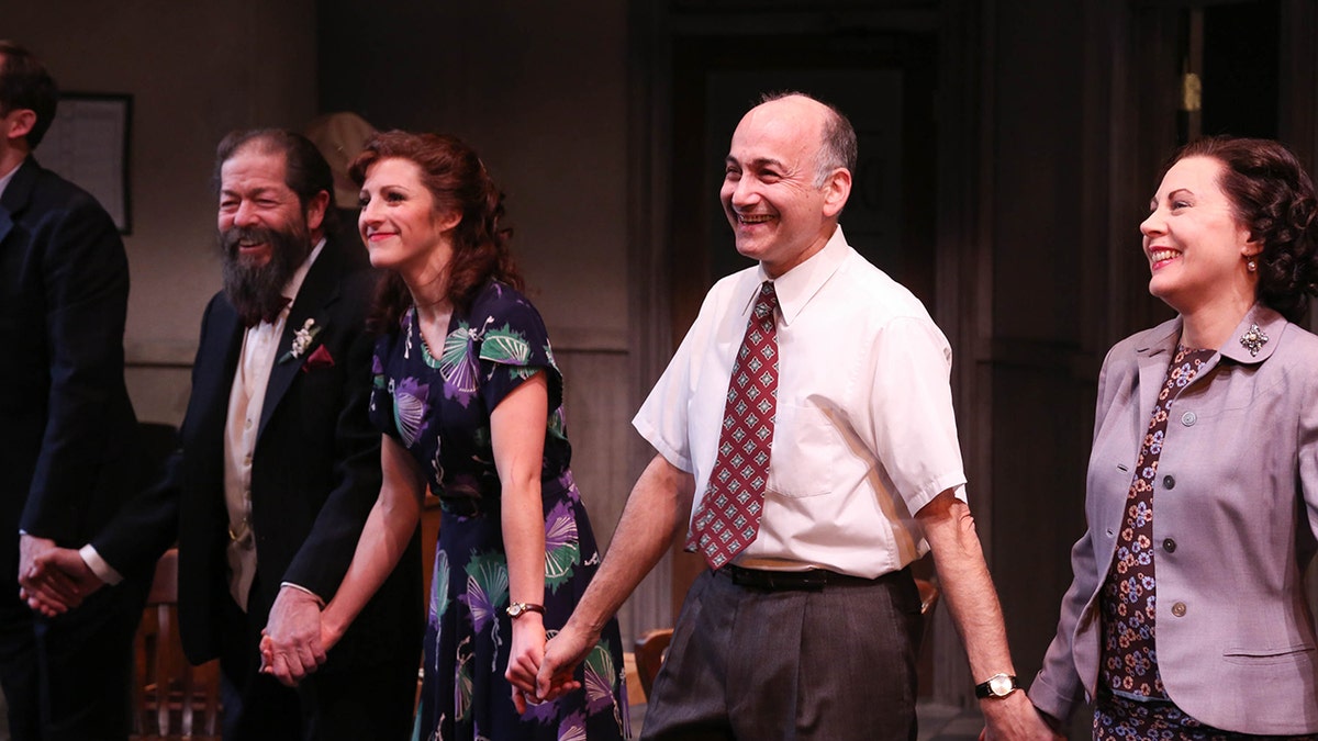 (L-R) Cast members Jonathan Hadary, Katie McClellan, Ned Eisenberg and Marilyn Matarrese attend ‘Rocket To The Moon’ opening night - curtain call at The Theater at St. Clements on February 23, 2015, in New York City.