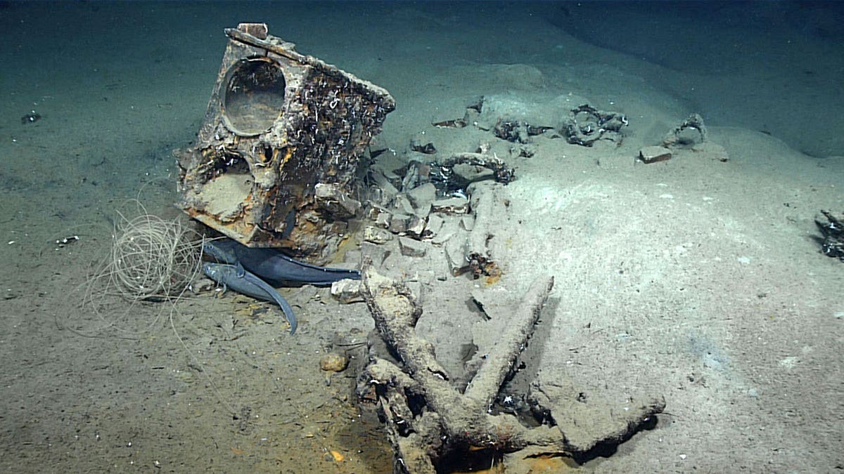 This image taken by NOAA Ocean Exploration in February 2022 shows what researchers believe to be the wreck of the only whaling ship known to have sunk in the Gulf of Mexico. The two-masted brig Industry went down in 1836 about 70 miles from the mouth of the Mississippi River. (NOAA Ocean Exploration via AP)