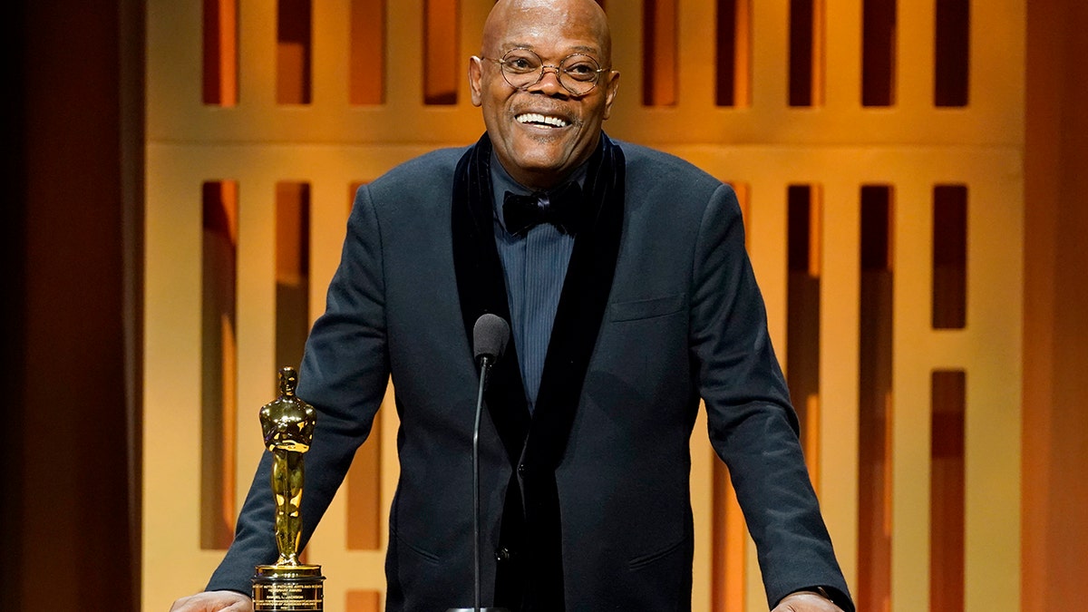 Samuel L. Jackson accepts an honorary award at the Governors Awards on Friday, March 25, 2022, at the Dolby Ballroom in Los Angeles.