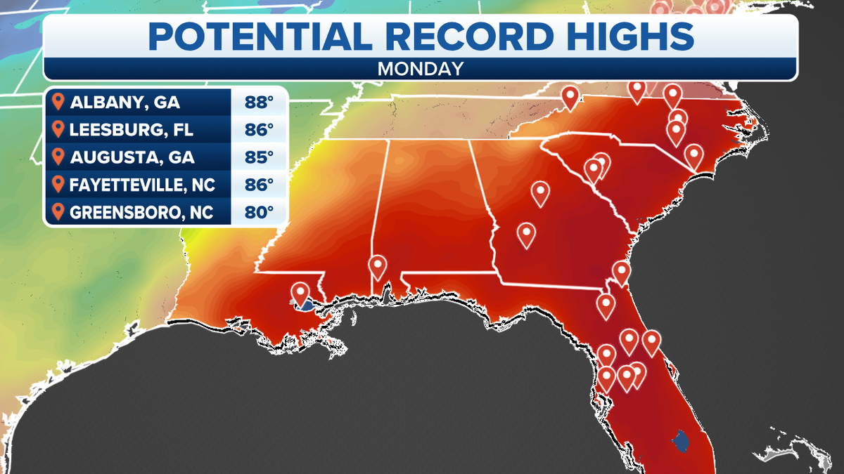 Areas where high temperature records could be broken.