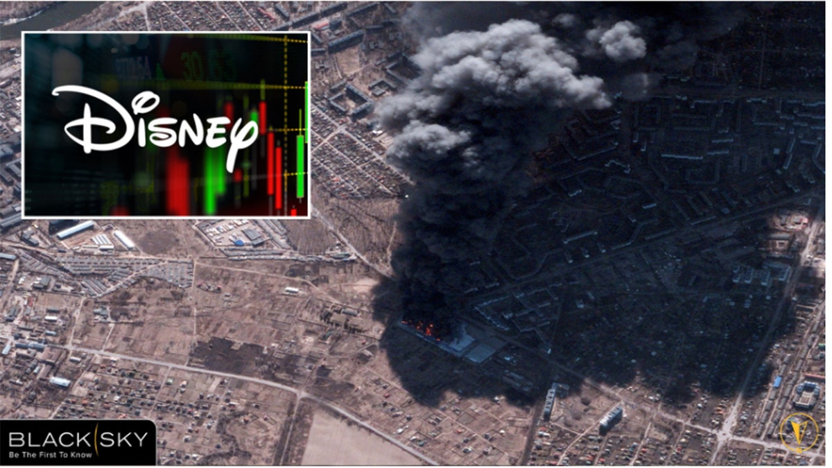 A satellite image shows a blaze at warehouse and destroyed fields in Chernihiv, Ukraine, Feb. 28, 2022. Inset: Disney logo.