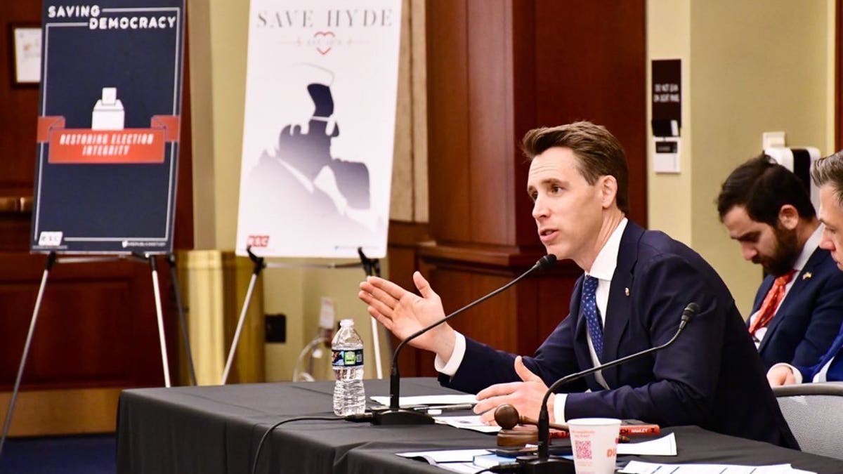Sen. Josh Hawley, R-Mo., addresses members of the Republican Study Committee (RSC) on Capitol Hill on March 30, 2022.