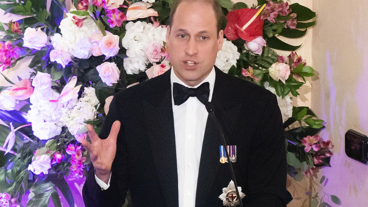 Prince William, Duke of Cambridge speaks on stage during a dinner hosted by the Governor General of Jamaica at King's House on March 23, 2022 in Kingston, Jamaica.