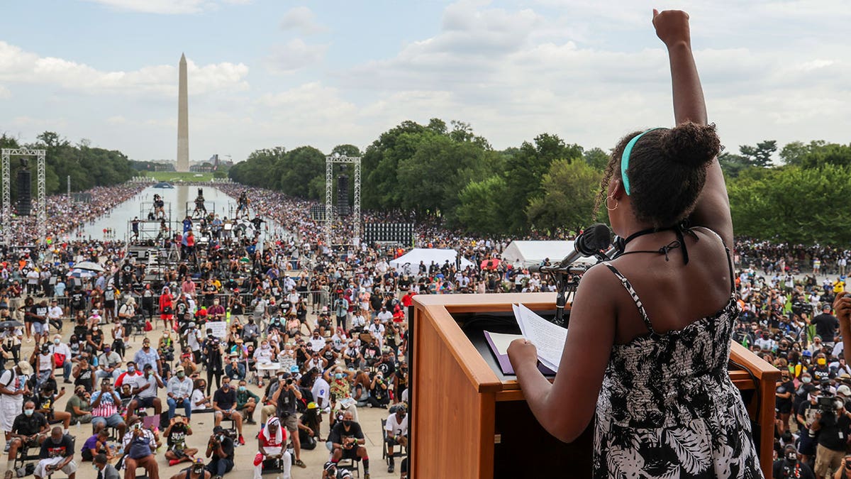 Yolanda Renee King, granddaughter of the Rev. Martin Luther King Jr., speaks during the March on Washington on the 57th anniversary of King's "I Have a Dream" speech on Aug. 28, 2020.
