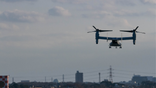 A Bell Boeing V22 Osprey tilt-rotor aircraft with the US Marines, takes off from Naval Air Facility Atsugi in Yamato, Kanagawa, Japan. The Osprey is a controversial transport aircraft. With a patchy safety record, it is often the focus of anti-US base and forces in Japan especially Okinawa. It is a rare visitor to this Atsugi Base.