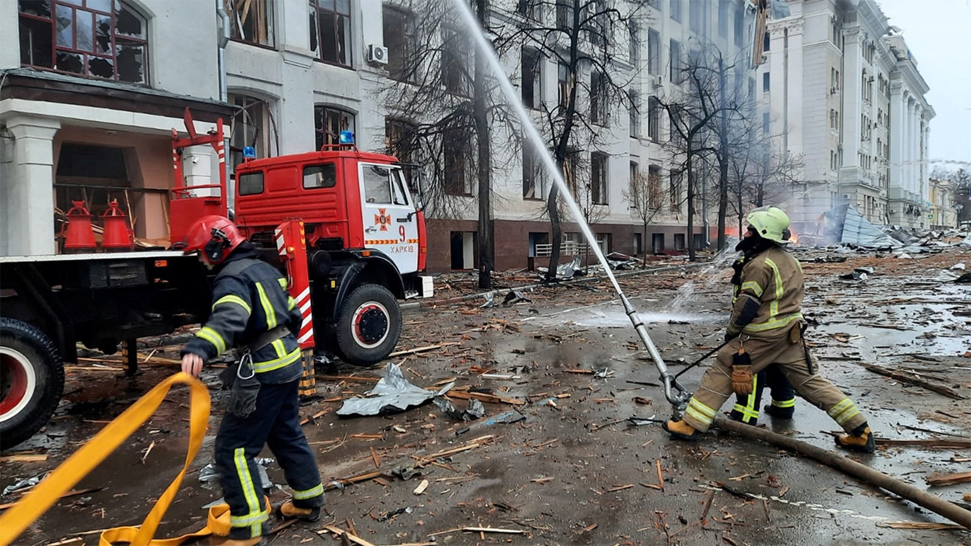 A view shows the area near a regional police department building and National University after shelling in Kharkiv, Ukraine, in this handout picture released March 2, 2022.
