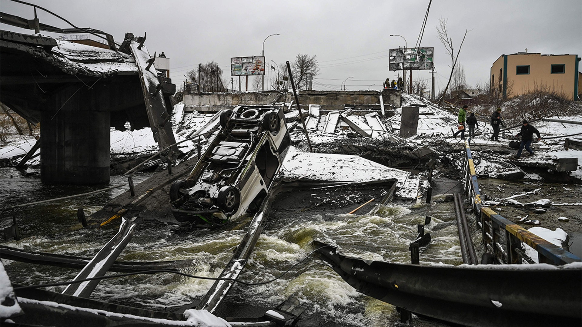 A blown up bridge is seen on Kyivs northern front on March 1, 2022.
