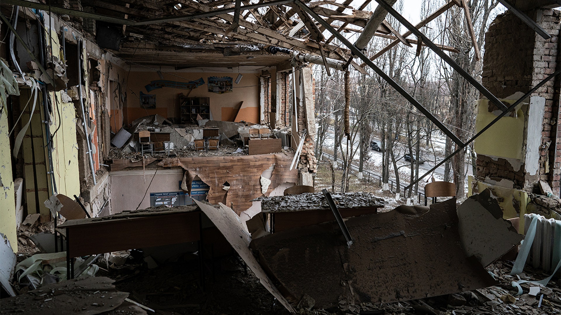 A residential building is seen damaged after yesterday's Russian missile attacks in Vasylkiv, Kyiv Oblast, Ukraine on March 1, 2022.