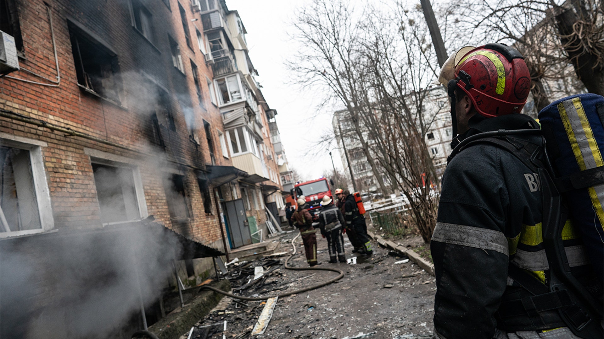 A residential building is seen damaged after yesterday's Russian missile attacks in Vasylkiv, Kyiv Oblast, Ukraine on March 1, 2022.