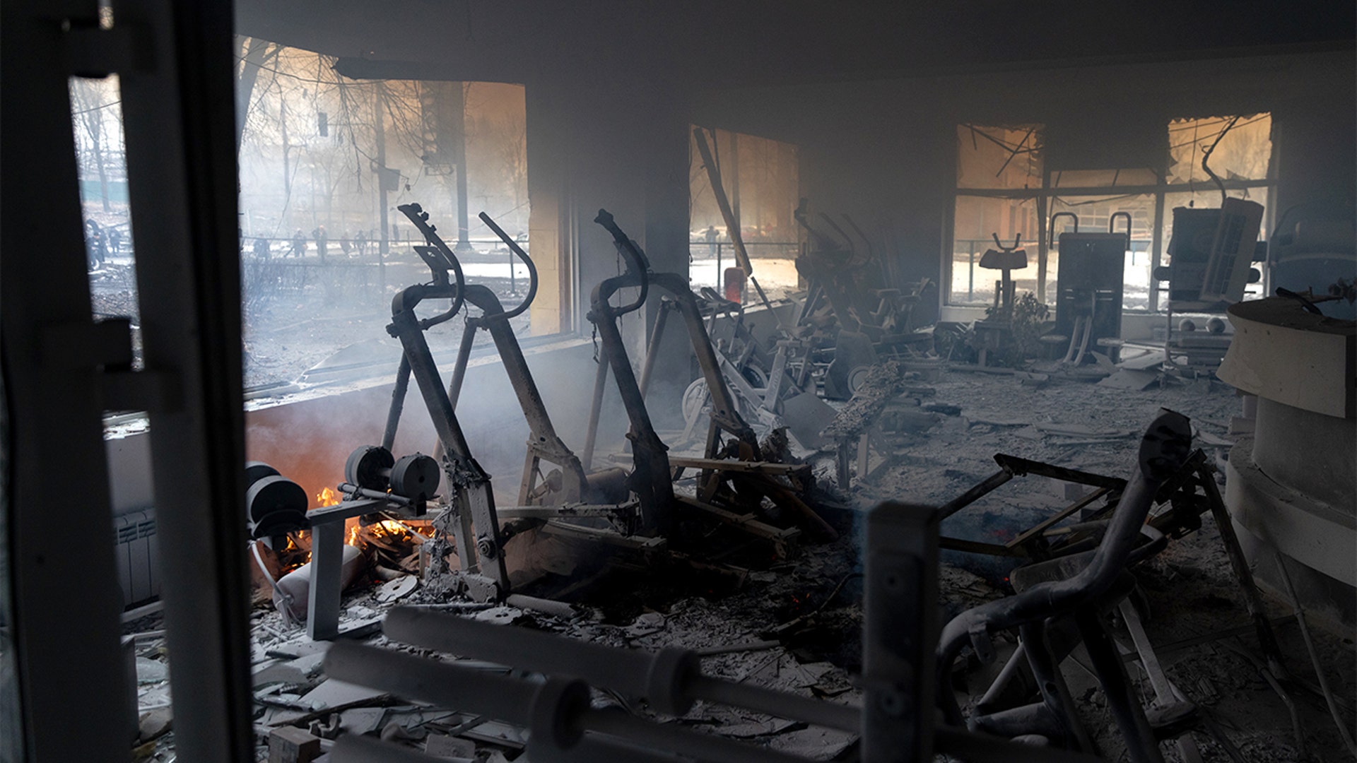 Fire continues to burn in a sports complex across the street from the Kyiv TV Tower on March 02, 2022 in Kyiv, Ukraine.