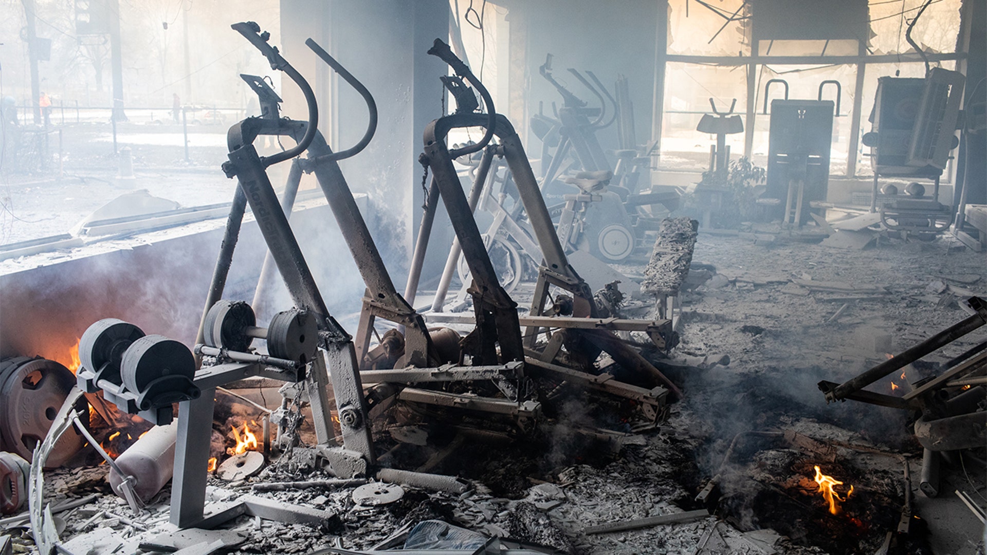 A destroyed fitness center following Russian missile strikes in Kyiv, Ukraine, on Wednesday, March 2, 2022.