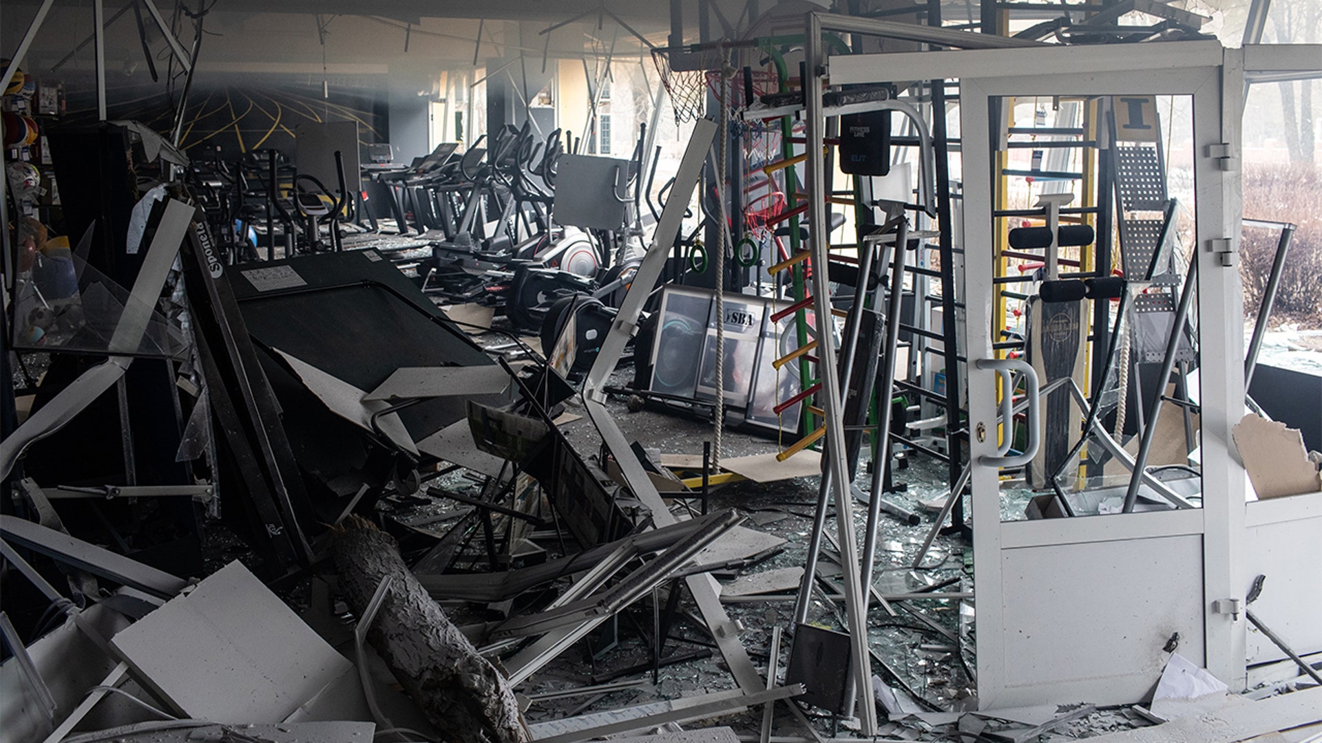 A destroyed fitness center following Russian missile strikes in Kyiv, Ukraine, on Wednesday, March 2, 2022.