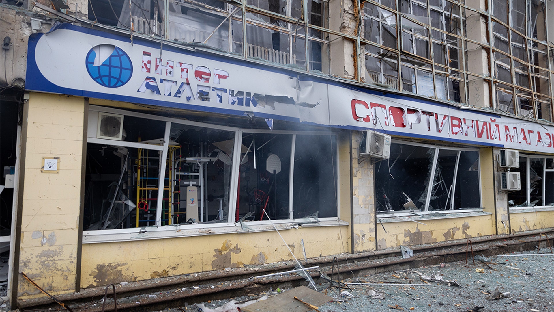 Damage is seen on the exterior of a sports complex building across the street from the Kyiv TV Tower on March 02, 2022 in Kyiv, Ukraine.