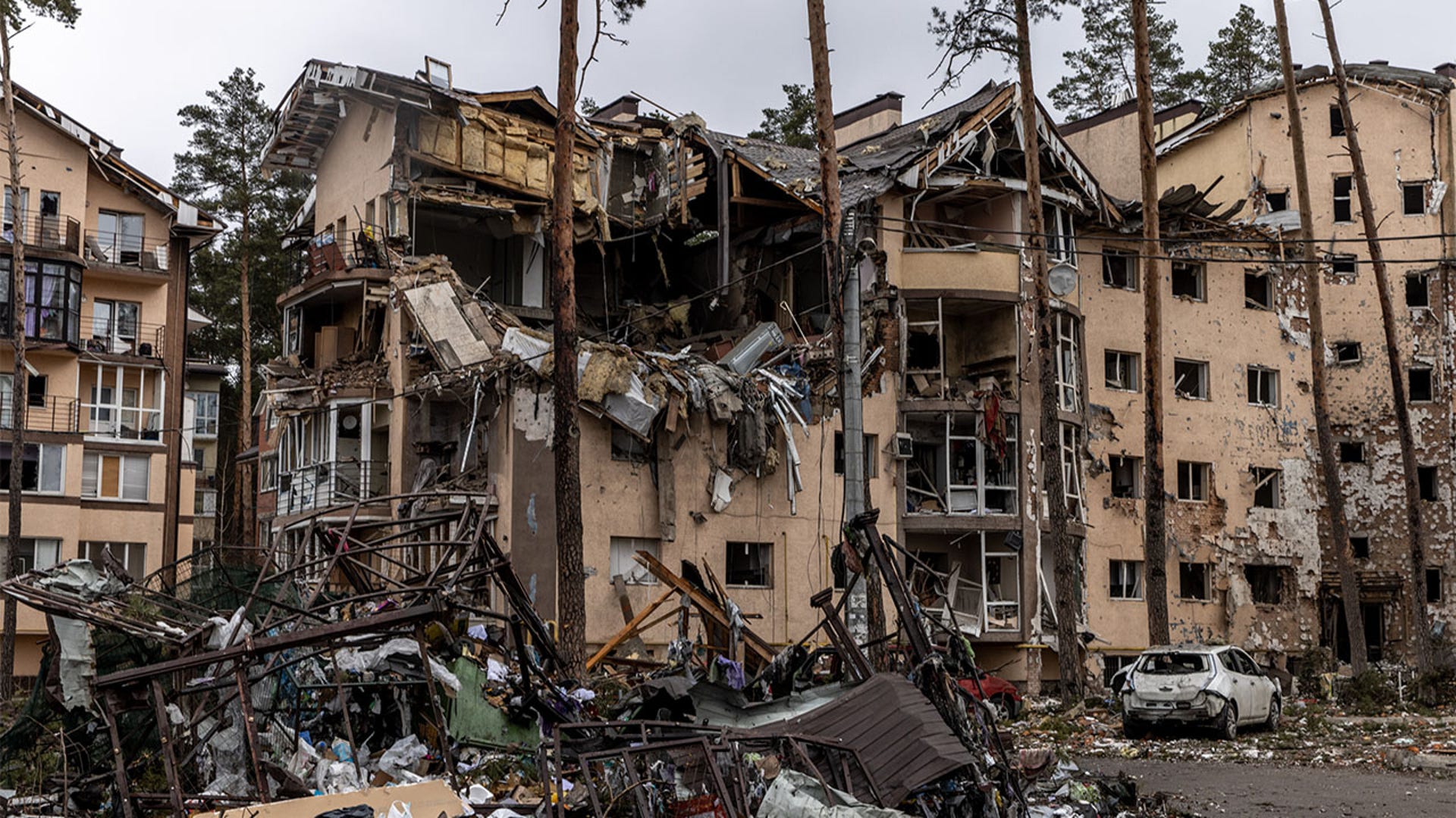 Destroyed buildings are seen on March 03, 2022 in Irpin, Ukraine.