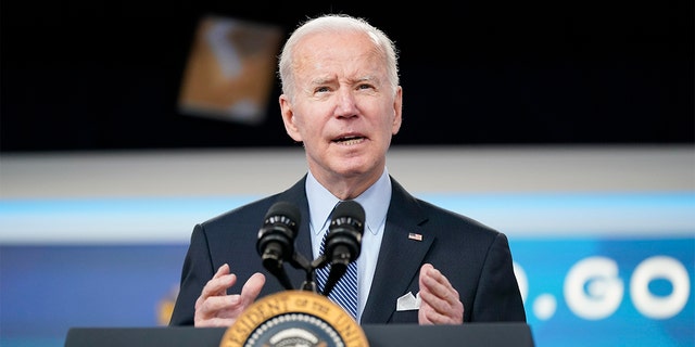 President Biden speaks in the South Court Auditorium on the White House campus, Wednesday, March 30, 2022, in Washington.