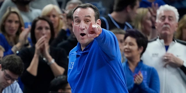 Duke head coach Mike Krzyzewski gestures toward players during the second half of his team's college basketball game against Texas Tech in the Sweet 16 round of the NCAA tournament in San Francisco, Thursday, March 24, 2022.