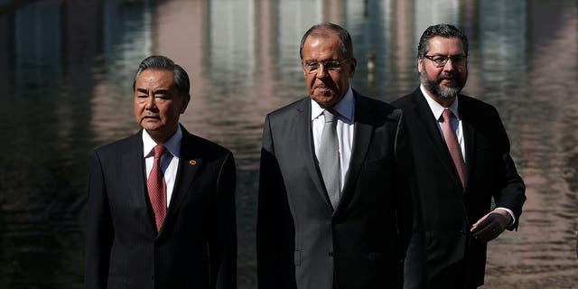China's Foreign Minister Wang Yi, Russia's Foreign Minister Sergei Lavrov and Brazil's Foreign Minister Ernesto Araujo are pictured during a BRICS foreign ministers meeting in Rio de Janeiro, Brazil July 26, 2019. REUTERS/Ricardo Moraes