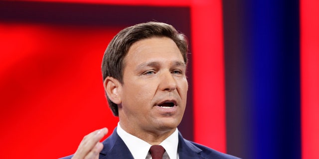 Florida Gov. Ron DeSantis speaks during the welcome segment of the Conservative Political Action Conference (CPAC) in Orlando, Florida, U.S. Feb. 26, 2021.