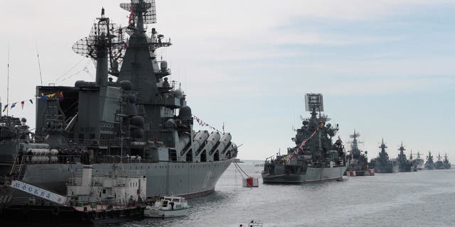 Russian Navy vessels are anchored in a bay of the Black Sea port of Sevastopol in Crimea May 8, 2014.   