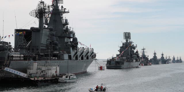 Russian Navy vessels are anchored in a bay of the Black Sea port of Sevastopol in Crimea May 8, 2014.