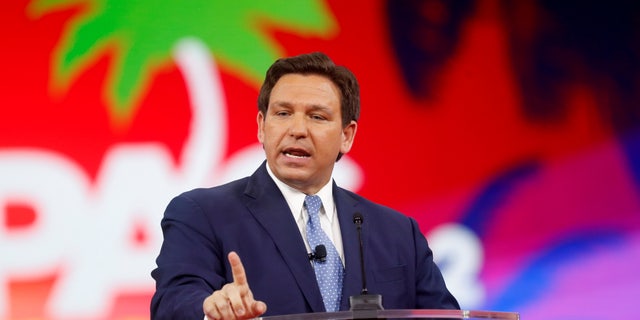 Florida Governor Ron DeSantis speaking at CPAC in Orlando on February 24, 2022.