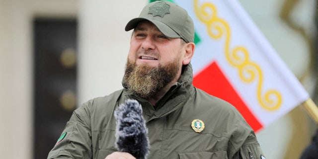 Head of the Chechen Republic Ramzan Kadyrov addresses service members while making a statement, dedicated to a military conflict in Ukraine, in Grozny, Russia February 25, 2022.