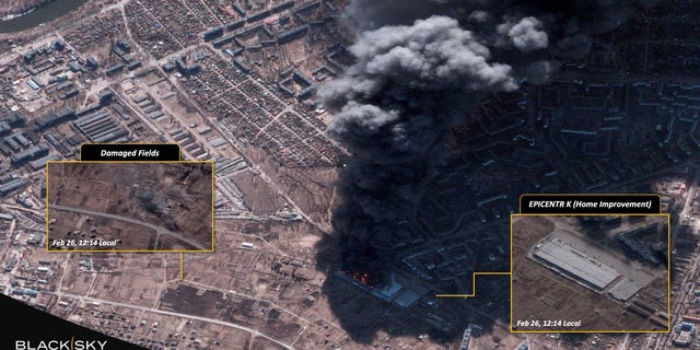 A satellite image shows a blaze at warehouse "Epicentr K" and destroyed fields in Chernihiv, Ukraine February 28, 2022. BLACKSKY/Handout via REUTERS
