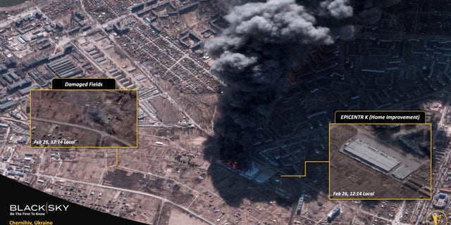 A satellite image shows a blaze at warehouse "Epicentr K" and destroyed fields in Chernihiv, Ukraine February 28, 2022. BLACKSKY/Handout via REUTERS