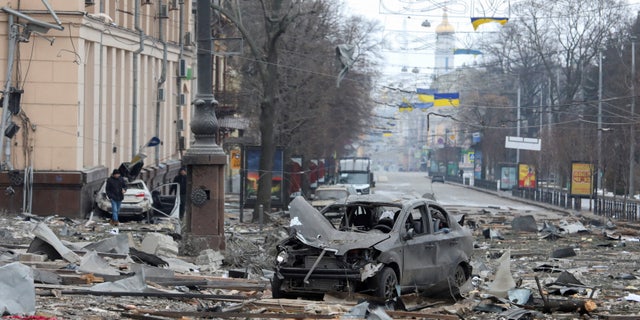 A view shows the area near the regional administration building, which city officials said was hit by a missile attack, in central Kharkiv, Ukraine, March 1, 2022. REUTERS/Vyacheslav Madiyevskyy TPX IMAGES OF THE DAY