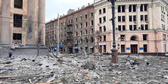 A view shows the area near the regional administration building, which was hit by a missile according to city officials, in Kharkiv, Ukraine, in this handout picture released March 1, 2022. Press service of the Ukrainian State Emergency Service/Handout via REUTERS ATTENTION EDITORS - THIS IMAGE HAS BEEN SUPPLIED BY A THIRD PARTY. TPX IMAGES OF THE DAY