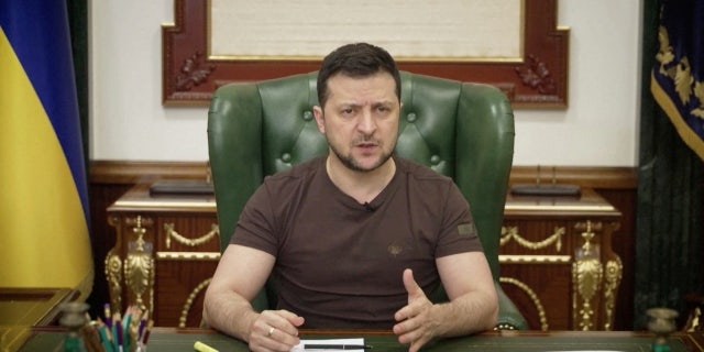 Ukrainian President Volodymyr Zelenskiy speaks in Kyiv, Ukraine, March 10, 2022, in this still image taken from video.