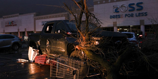 A view of a damaged vehicle after a tornado in a widespread storm system touched down in Round Rock, Texas, U.S., March 21, 2022.