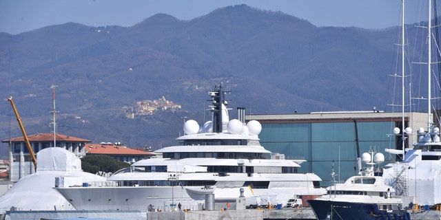 Scheherazade, one of the world's biggest and most expensive yachts linked to Russian billionaires, is moored in the harbor of the small Italian town of Marina di Carrara, Italy, March 23, 2022. 