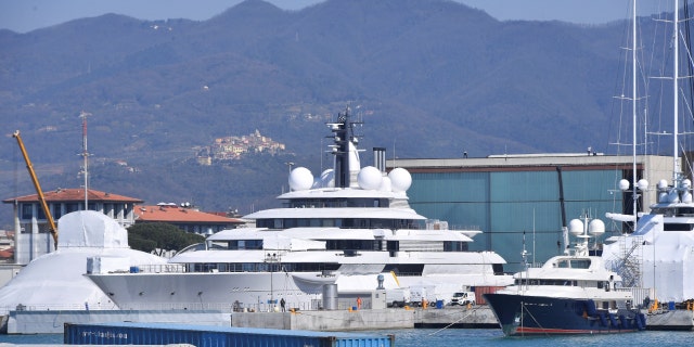 Scheherazade, one of the world's biggest and most expensive yachts linked to Russian billionaires, is moored in the harbor of the small Italian town of Marina di Carrara, Italy, March 23, 2022.