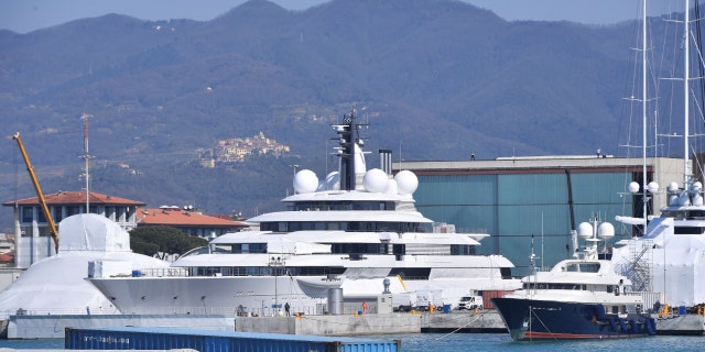 Scheherazade, one of the world's biggest and most expensive yachts linked to Russian billionaires, is moored in the harbor of the small Italian town of Marina di Carrara, Italy, March 23, 2022. 