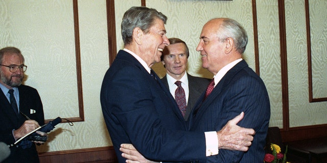 Former President Ronald Reagan and Soviet Union leader Mikhail Gorbachev meet in Moscow, Russia, on Sept. 16, 1990.