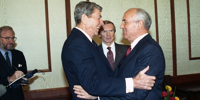 Former President Ronald Reagan and Soviet Union leader Mikhail Gorbachev meet in Moscow, Russia, on Sept. 16, 1990.