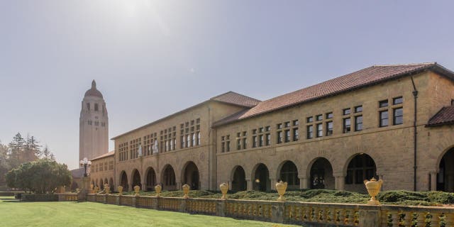 The buildings of the Main Quadrangle and Hoover Tower on the campus of Stanford University in Palo Alto, California.