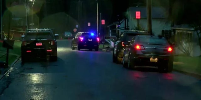 Police vehicles at the scene of a shooting in Lebanon, Pennsylvania. Three police officers were shot Thursday, one fatally, while responding to a domestic incident, officials said.
